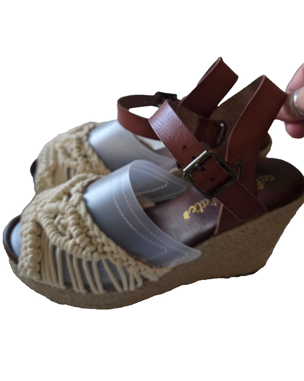 Altar'd State Wedge Sandals Womens Cream Macrame Espadrille Brown Leather Boho